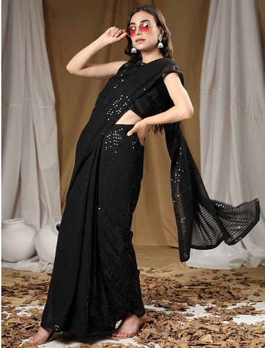  Women's Georgette Embellished Sequnece Bollywood Saree With Unstitched Blouse 5.5Mtr (Black) 