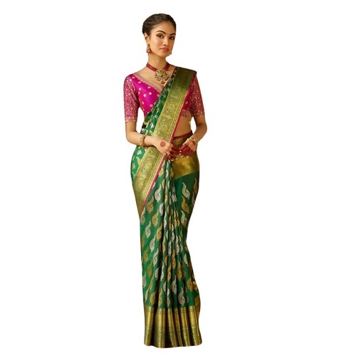  Women's Silk Printed Saree With Unstitched Blouse 5.5Mtr (Green) 
