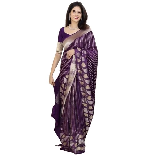 Women's Silk Printed Saree With Unstitched Blouse 5.5Mtr (Purple) 