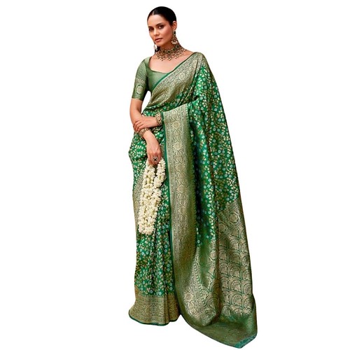  Women's Silk Printed Saree With Unstitched Blouse 5.5Mtr (Green) 
