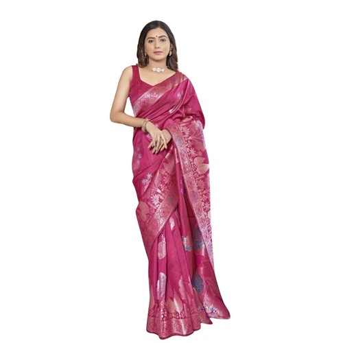  Women's Silk Printed Saree With Unstitched Blouse 5.5Mtr (Rani Pink) 
