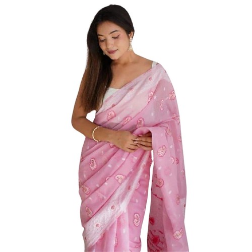  Women's Cotton Printed Saree With Unstitched Blouse 5.5Mtr (Pink) 