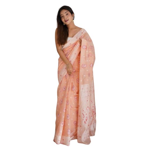  Women's Cotton Printed Saree With Unstitched Blouse 5.5Mtr (Peach) 