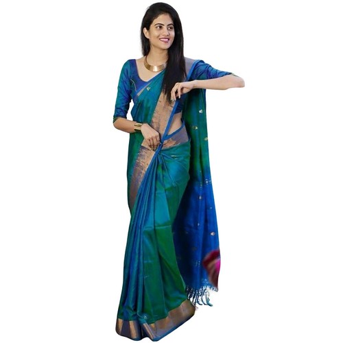  Women's Silk Printed Saree With Unstitched Blouse 5.5Mtr (Blue) 