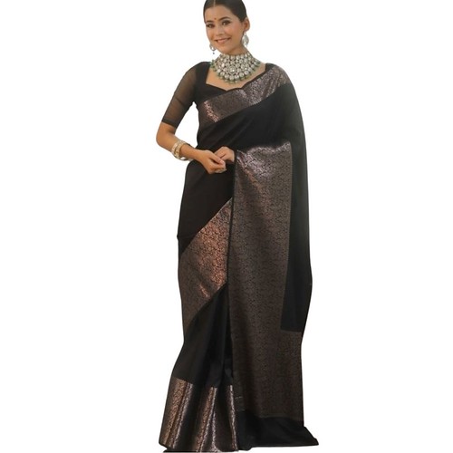  Women's Silk Printed Saree With Unstitched Blouse 5.5Mtr (Black) 