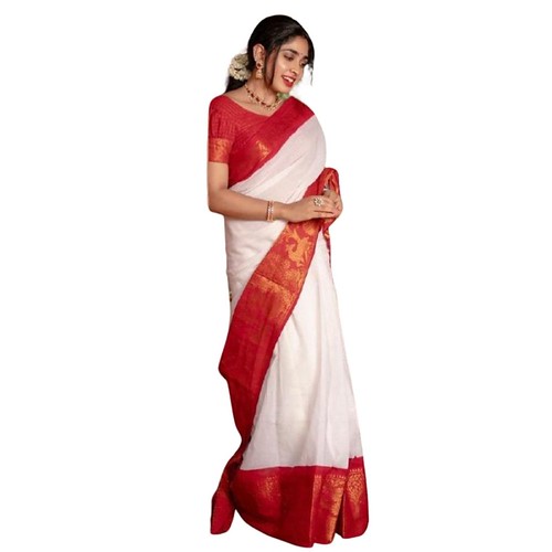  Women's Silk Printed Saree With Unstitched Blouse 5.5Mtr (White) 