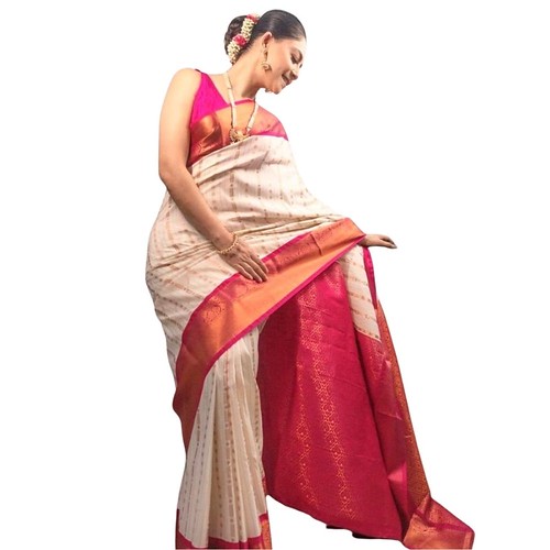  Women's Silk Printed Saree With Unstitched Blouse 5.5Mtr (White-Pink) 