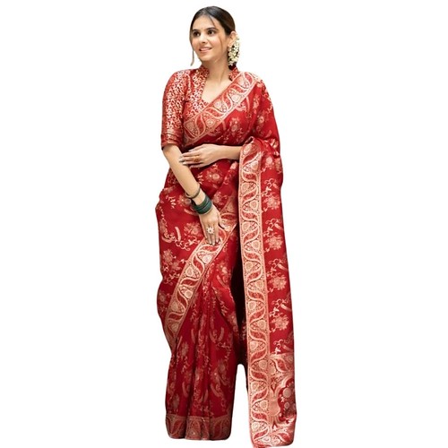  Women's Silk Printed Saree With Unstitched Blouse 5.5Mtr (Red) 