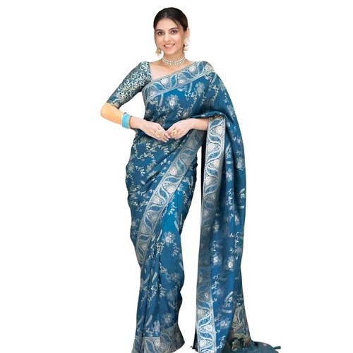  Women's Silk Printed Saree With Unstitched Blouse 5.5Mtr (Teal Blue) 