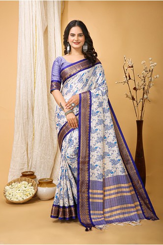  Women's Soft Cotton Silk Printed Saree With Unstitched Blouse 5.5Mtr (Purple) 