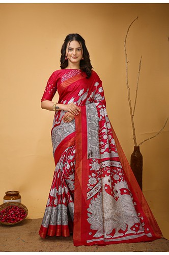  Women's Soft Handloom Cotton Kalamkari Printed Saree With Unstitched Blouse 5.5Mtr (Pink) 