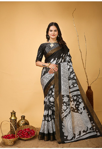  Women's Soft Handloom Cotton Kalamkari Printed Saree With Unstitched Blouse 5.5Mtr (Black) 
