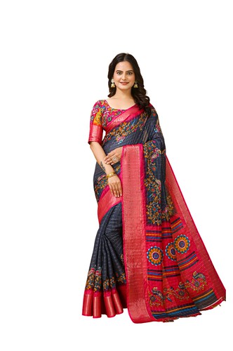  Women's Soft Dola Cotton Kalamkari Printed Saree With Unstitched Blouse 5.5Mtr (Grey) 