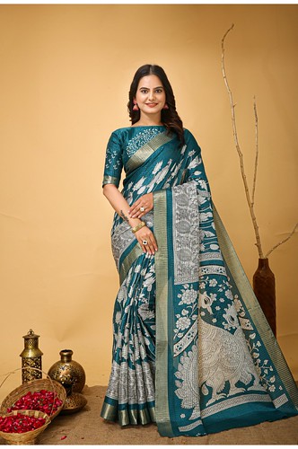  Women's Soft Handloom Cotton Kalamkari Printed Saree With Unstitched Blouse 5.5Mtr (Turquoise) 