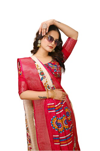  Women's Soft Dola Cotton Kalamkari Printed Saree With Unstitched Blouse 5.5Mtr (Red) 