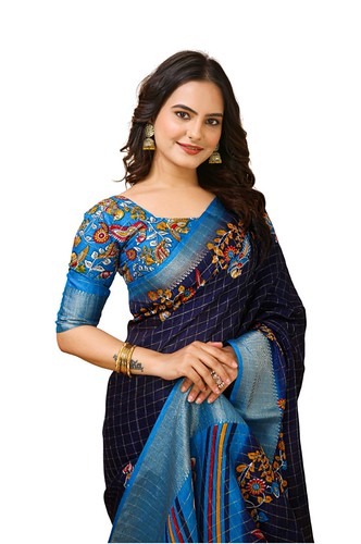  Women's Soft Dola Cotton Kalamkari Printed Saree With Unstitched Blouse 5.5Mtr (Navy Blue) 