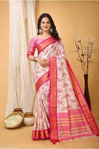  Women's Soft Cotton Silk Printed Saree With Unstitched Blouse 5.5Mtr (Pink) 