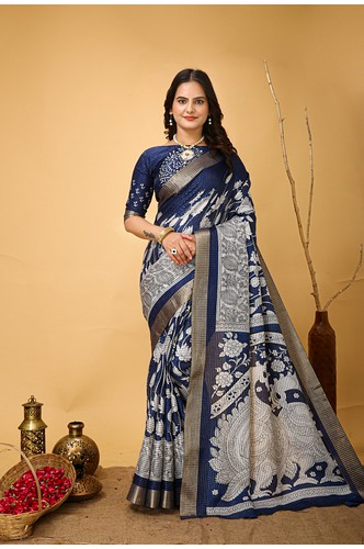  Women's Soft Handloom Cotton Kalamkari Printed Saree With Unstitched Blouse 5.5Mtr (Blue) 