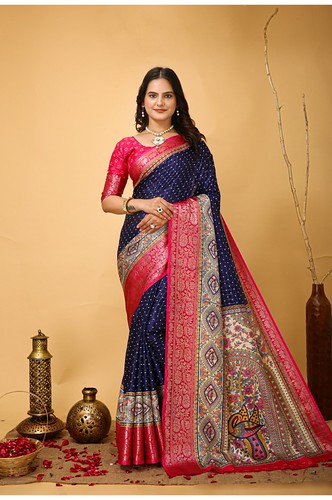  Women's Soft Dola Cotton Kalamkari Printed Saree With Unstitched Blouse 5.5Mtr (Navy Blue) 