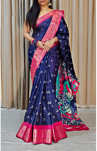  Women's Soft Dola Cotton Kalamkari Printed Saree With Unstitched Blouse 5.5Mtr (Navy Blue) 