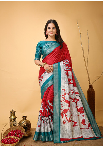  Women's Soft Handloom Cotton Kalamkari Printed Saree With Unstitched Blouse 5.5Mtr (Red) 