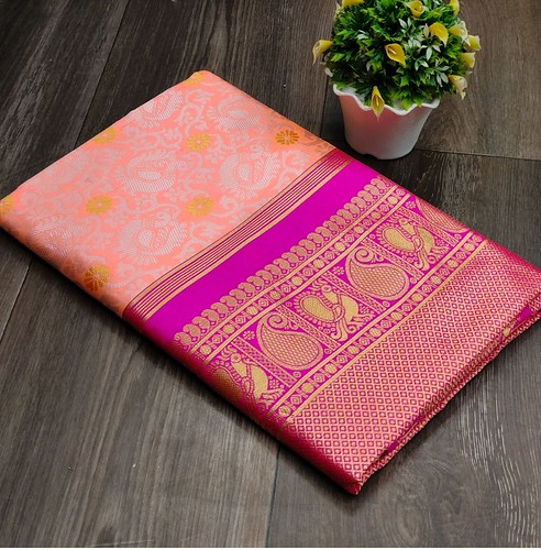  Women's Soft Lichi Silk Printed Saree With Unstitched Blouse 5.5Mtr (Pink) 