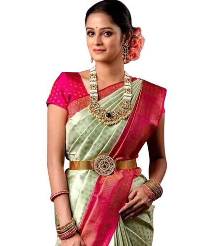  Women's Soft Lichi Silk Printed Saree With Unstitched Blouse 5.5Mtr (Light Green) 