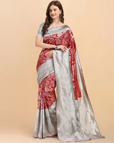  Women's Soft Lichi Silk Printed Saree With Unstitched Blouse 5.5Mtr (Red) 