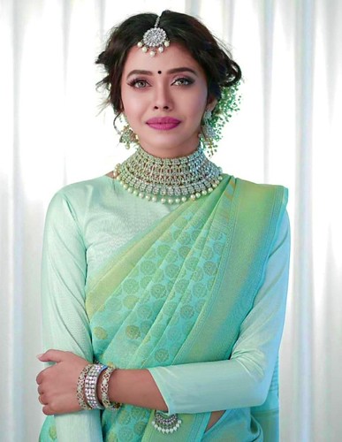  Women's Soft Lichi Silk Printed Saree With Unstitched Blouse 5.5Mtr (Light Green) 