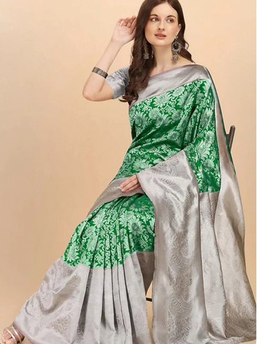  Women's Soft Lichi Silk Printed Saree With Unstitched Blouse 5.5Mtr (Green) 