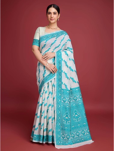 Women's Jamdani Cotton Silk Printed Saree With Unstitched Blouse 5.5Mtr (Rama) 