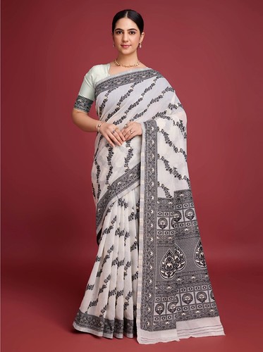  Women's Jamdani Cotton Silk Printed Saree With Unstitched Blouse 5.5Mtr (Black) 