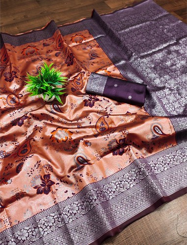  Women's Banarasi Jacquard Printed Saree With Unstitched Blouse 5.5Mtr (Orange) 