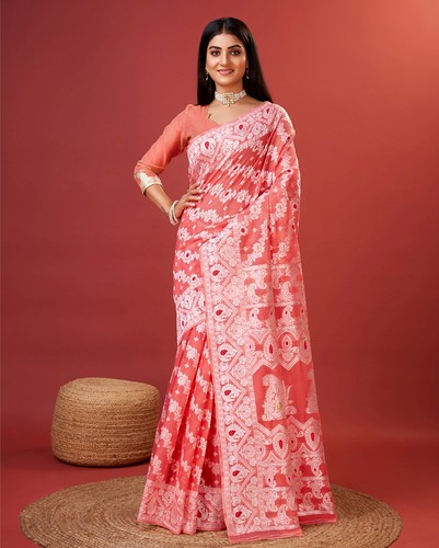  Women's Cotton Silk Printed Saree With Unstitched Blouse 5.5Mtr (Peach) 