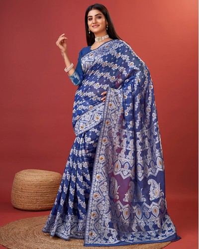  Women's Cotton Silk Printed Saree With Unstitched Blouse 5.5Mtr (Blue) 