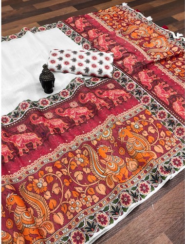  Women's linen Digital Print Saree With Unstitched Blouse 5.5Mtr (White) 