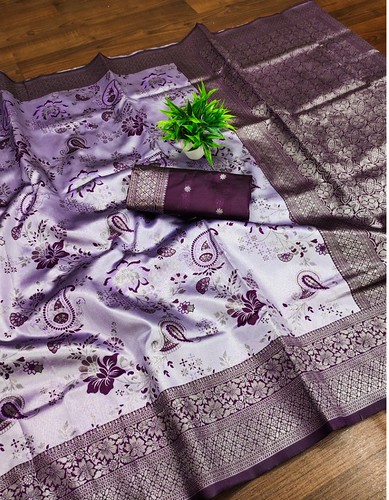  Women's Banarasi Jacquard Printed Saree With Unstitched Blouse 5.5Mtr (Purple) 