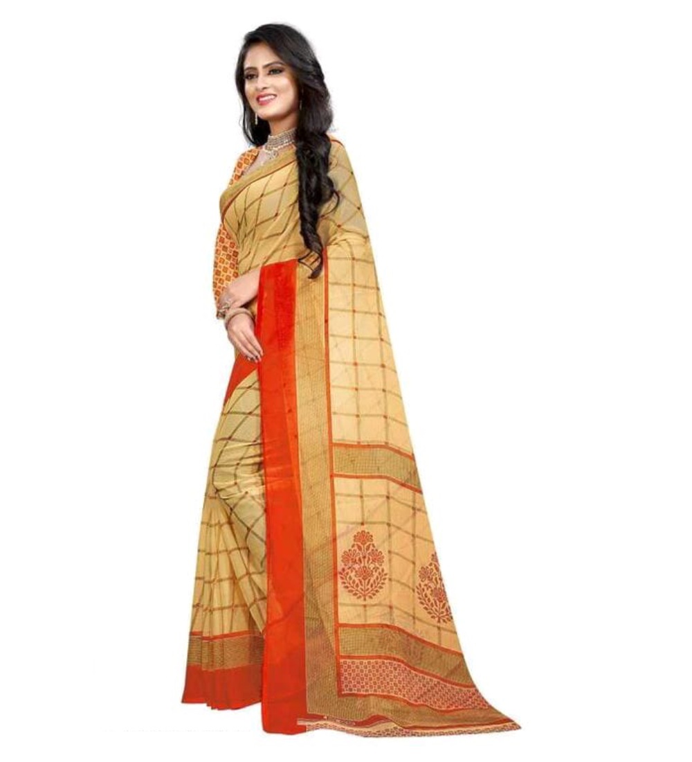 Women's Georgette Printed Saree With Unstitched Blouse 5.5Mtr (Orange)