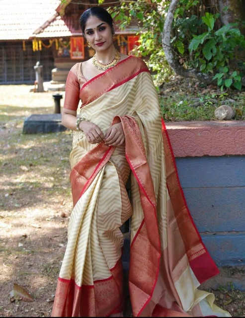  Women's Litchi silk Printed Saree With Unstitched Blouse (Beige) 