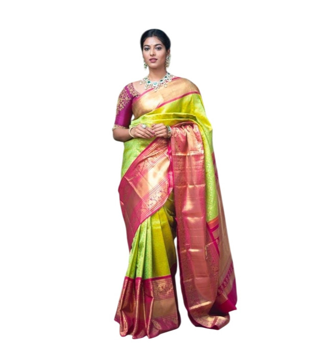  Women's Litchi silk Printed Saree With Unstitched Blouse (Green) 