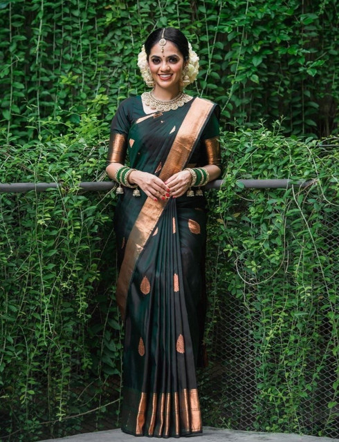  Women's Litchi silk Printed Saree With Unstitched Blouse (Green) 