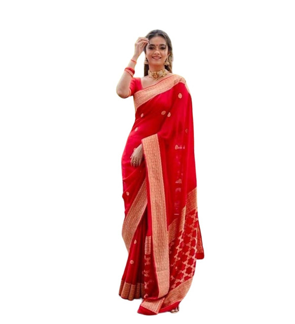  Women's Litchi silk Printed Saree With Unstitched Blouse (Red) 
