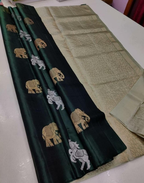  Women's Litchi silk Printed Saree With Unstitched Blouse (Green) 