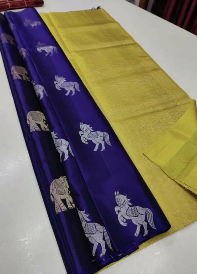  Women's Litchi silk Printed Saree With Unstitched Blouse (Navy Blue With Yellow) 