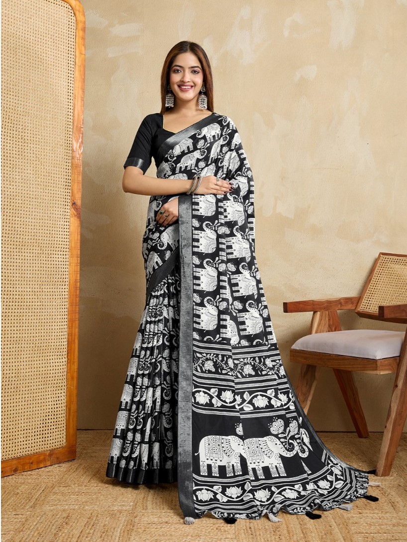  Women's Silk Blend Printed Saree With Unstitched Blouse 5.5Mtr (Black) 