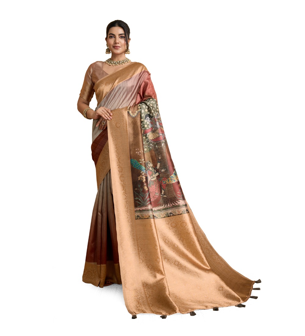  Women's Silk Printed Saree With Unstitched Blouse 5.5Mtr (Brown) 