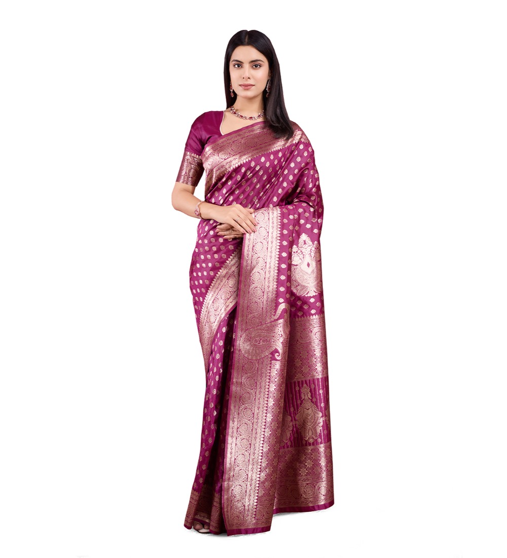  Women's Banarasi Silk Printed Saree With Unstitched Blouse 5.5Mtr (Wine) 