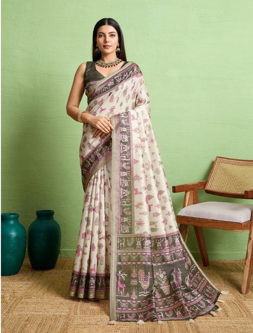  Women's Silk Blend Printed Saree With Unstitched Blouse 5.5Mtr (Off White) 