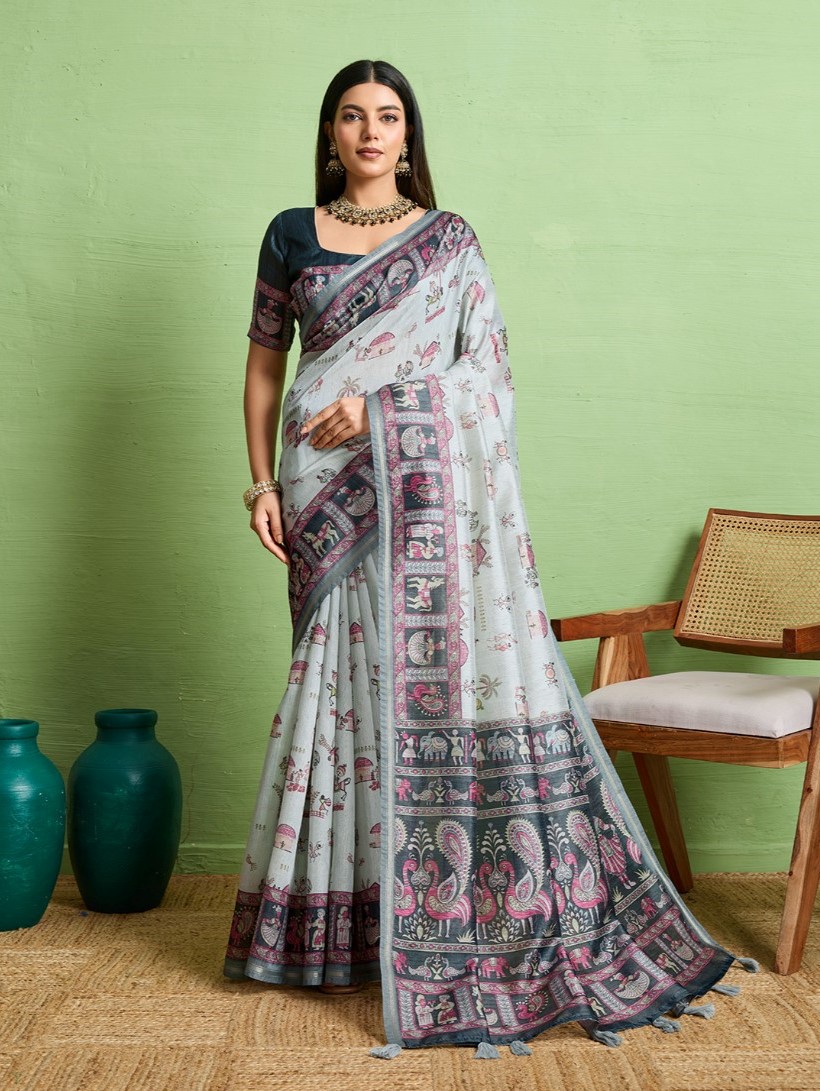  Women's Silk Blend Printed Saree With Unstitched Blouse 5.5Mtr (Grey) 