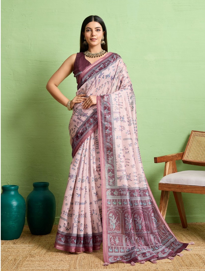  Women's Silk Blend Printed Saree With Unstitched Blouse 5.5Mtr (Grey) 